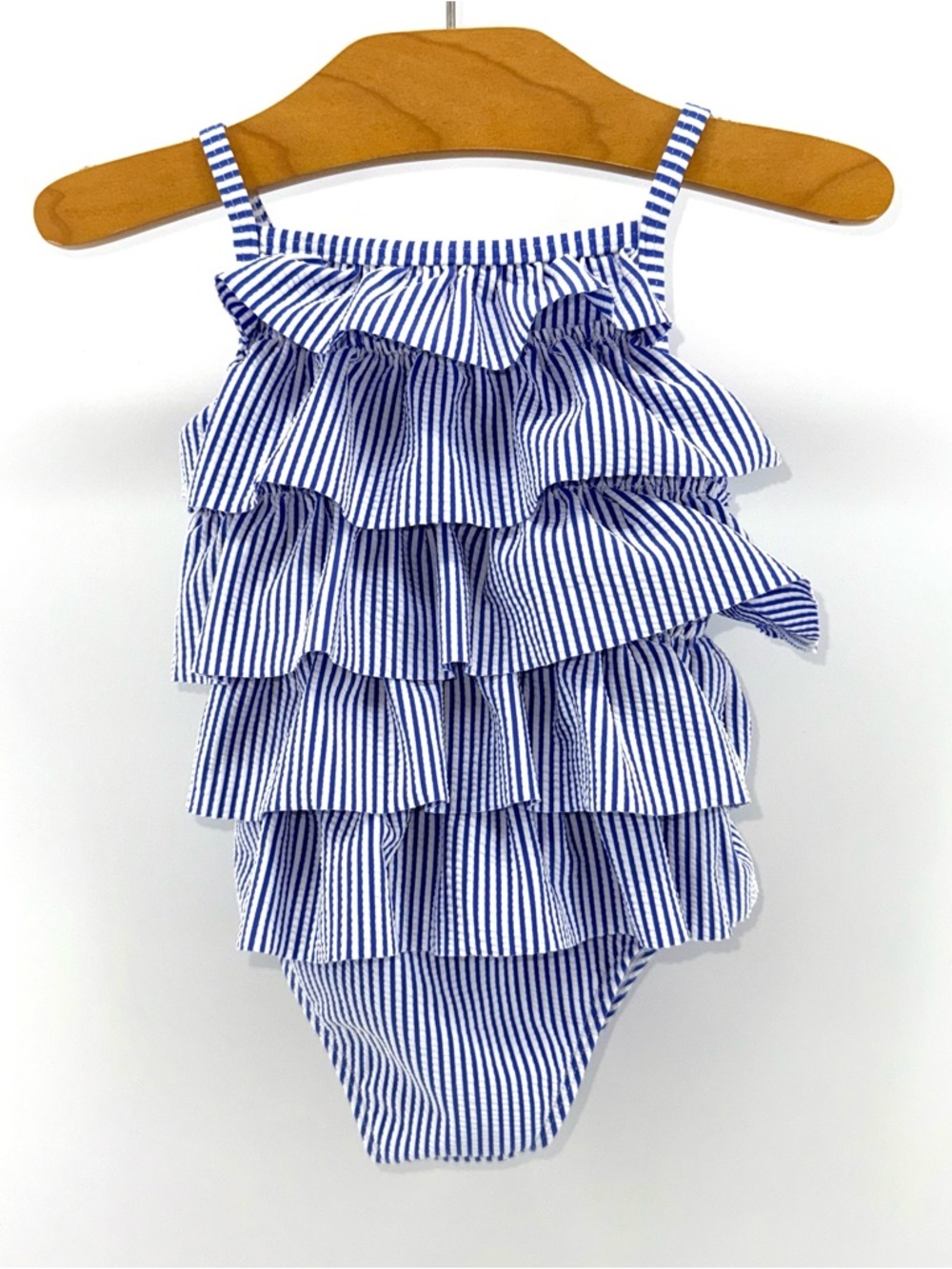 Baby Boden Baby Girls Striped Ruffle One-Piece Swimsuit in Blue and White